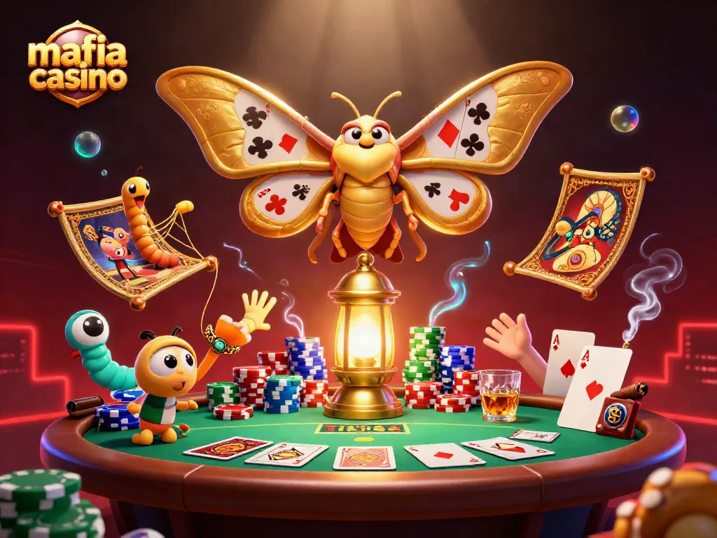 Mafia casino themed vibrant 3D illustration showcasing a majestic moth and casino elements