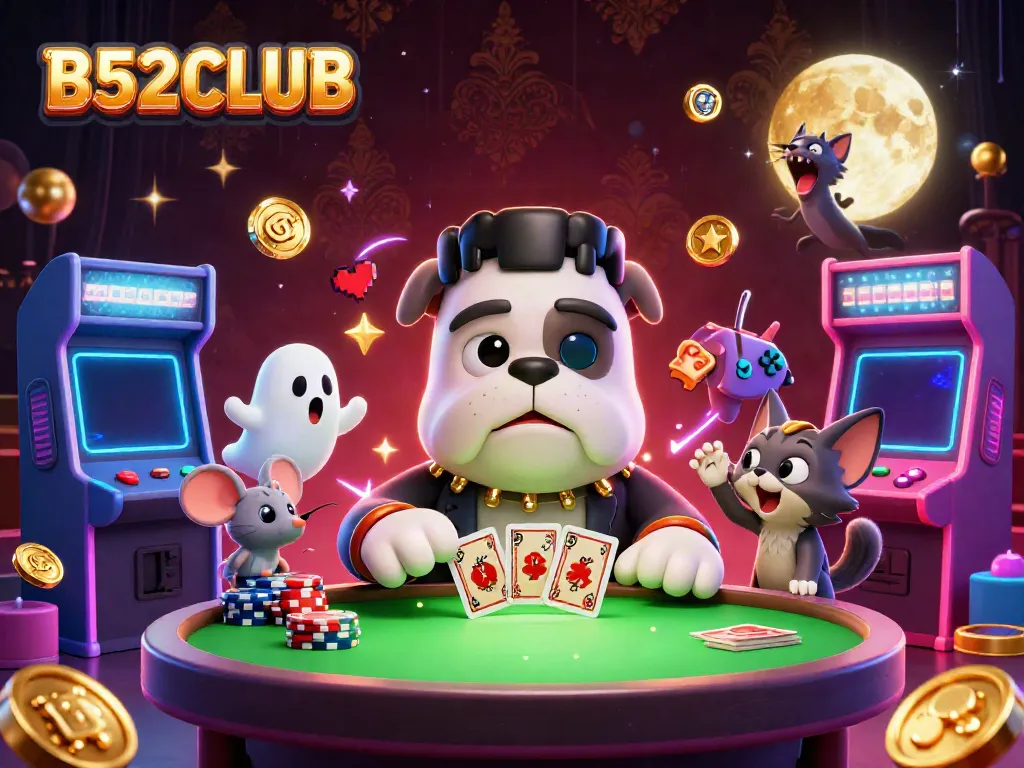 Win big with the B52CLUB as a playful Frankenstein bulldog deals cards at a vibrant casino table.