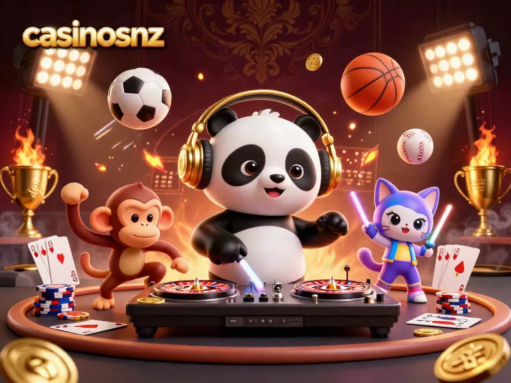 Join the fun at casinosnz with a dynamic 3D illustration of poker excitement and entertainment.