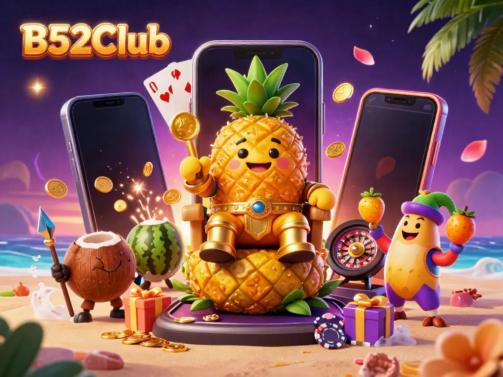 Engage with B52Club's vibrant gaming world featuring a golden pineapple king and interactive casino elements.
