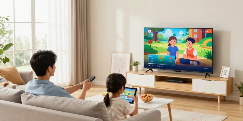 Family enjoying abbonamento iptv in a cozy living room with smart TV streaming.