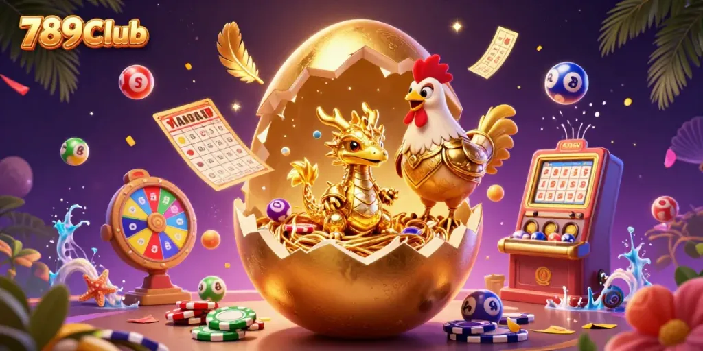 Experience the thrilling world of 789Club as a golden dragon emerges from a nest of poker chips amidst vibrant casino elements.