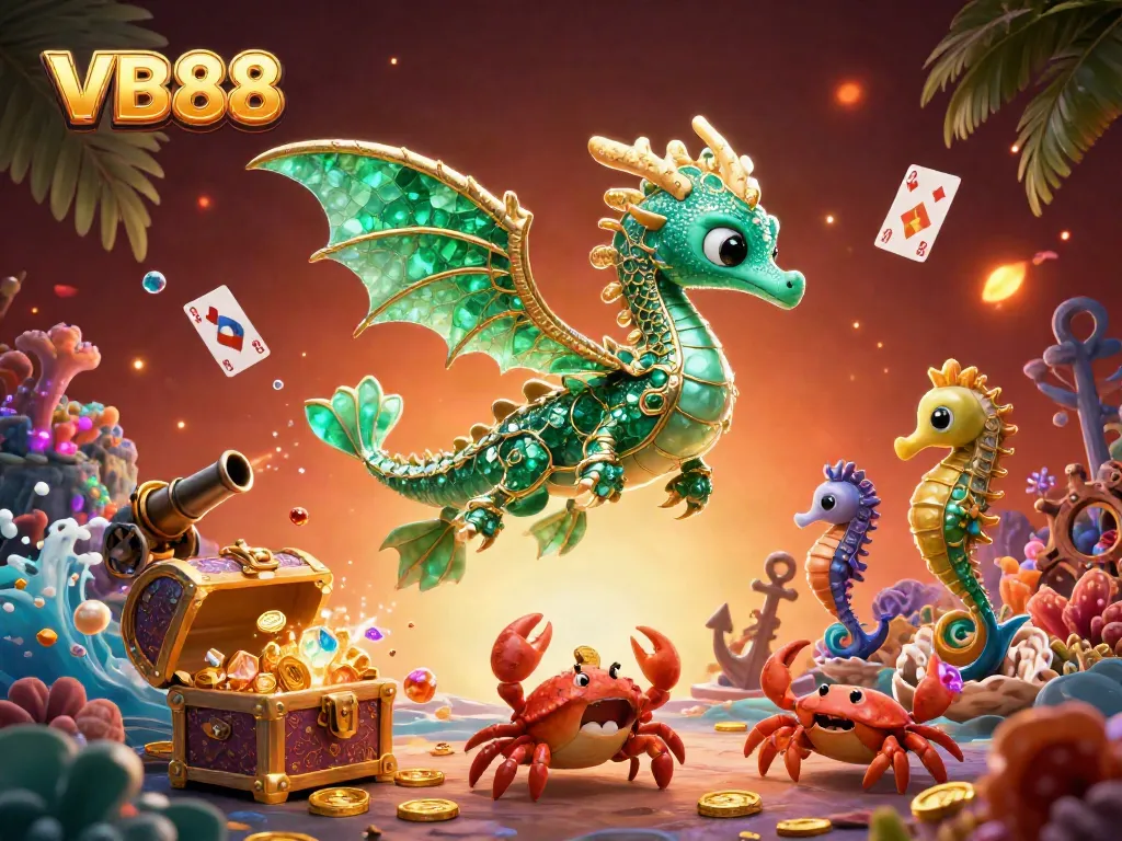 Experience the thrill of VB88 with a vibrant underwater casino scene full of treasures and gaming elements.