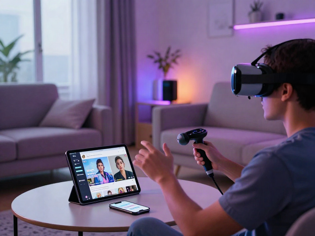 AI gf virtual reality interaction in modern living room.