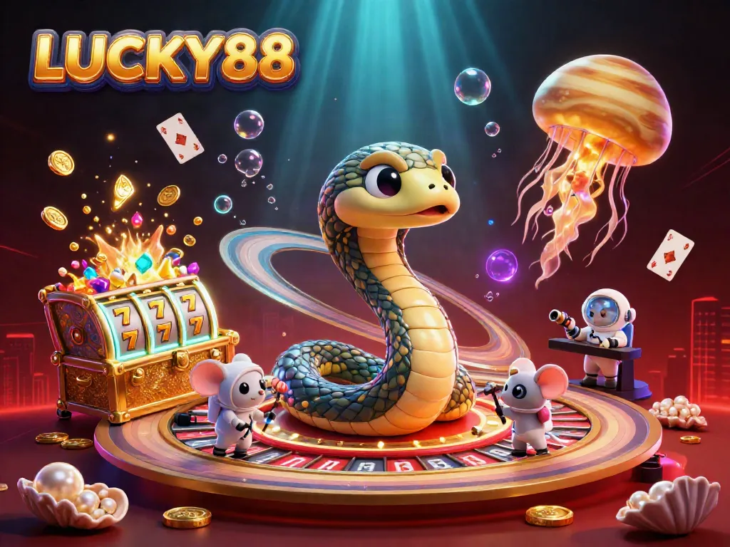 Experience the excitement of LUCKY88 with a vibrant 3D scene featuring a cosmic roulette wheel and gaming elements.