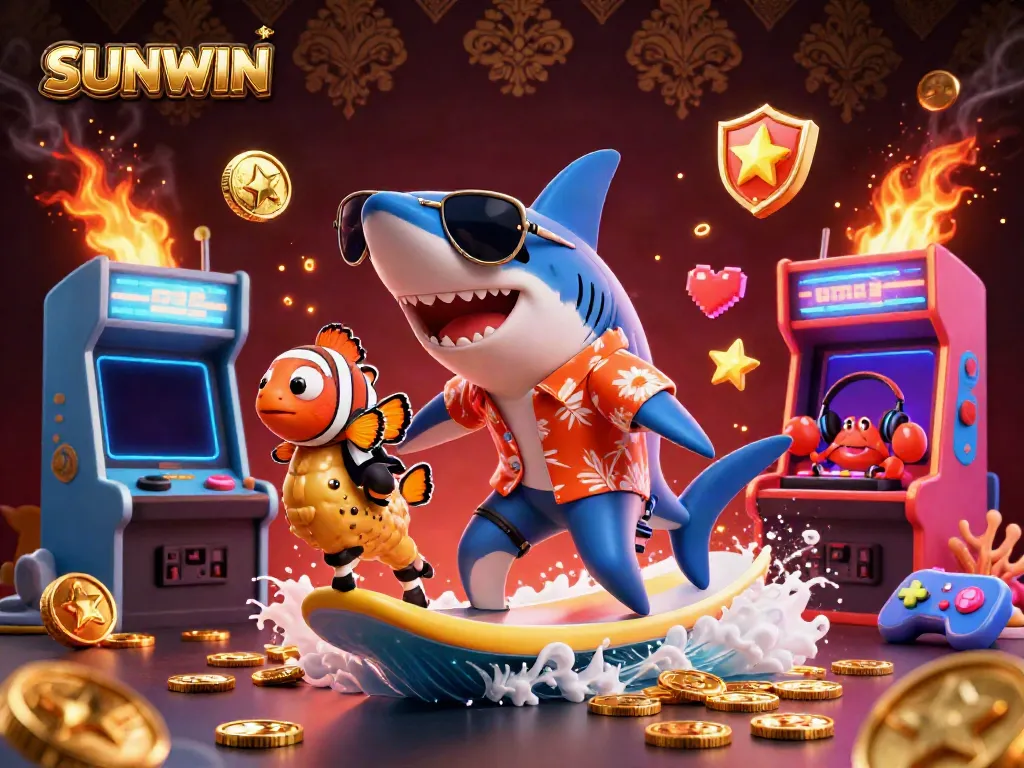SUNWIN-themed illustration featuring a shark in sunglasses surfing gold coins, enhanced with casino gaming elements for an engaging visual.