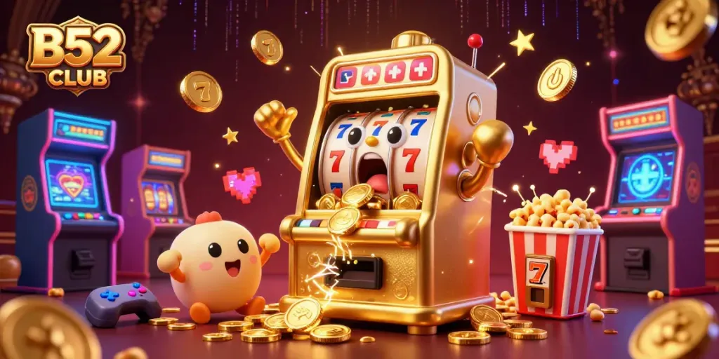 B52CLUB slot machine celebrates winning jackpot as coins pour out, surrounded by colorful gaming elements.