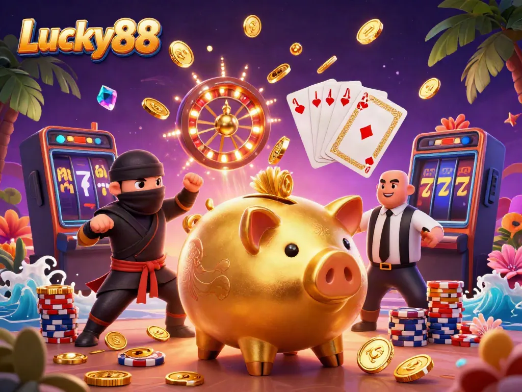 Engage with Lucky88's exciting gameplay featuring golden coins, vibrant characters, and casino elements in action.