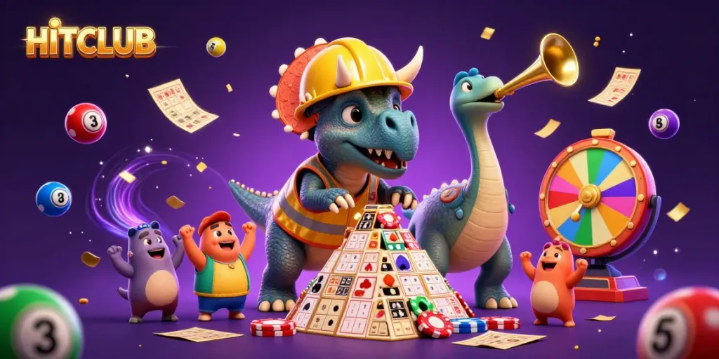 Experience thrilling HITCLUB gameplay with colorful balls, poker chips, and dinosaur celebrations.