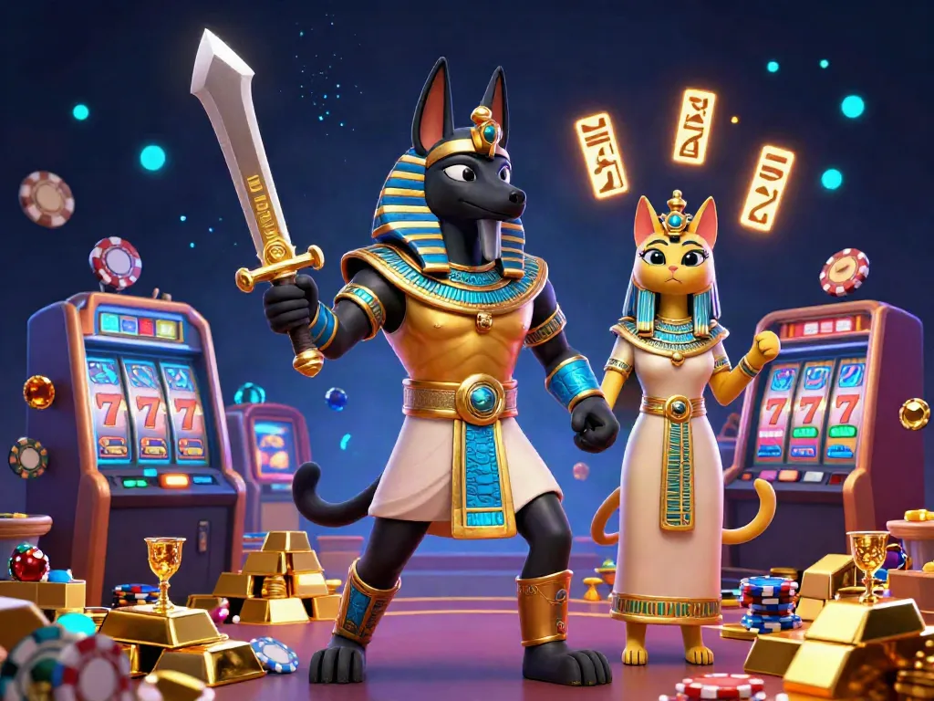 Engage in thrilling gameplay at Zowin with Anubis and Bastet surrounded by dazzling casino elements.