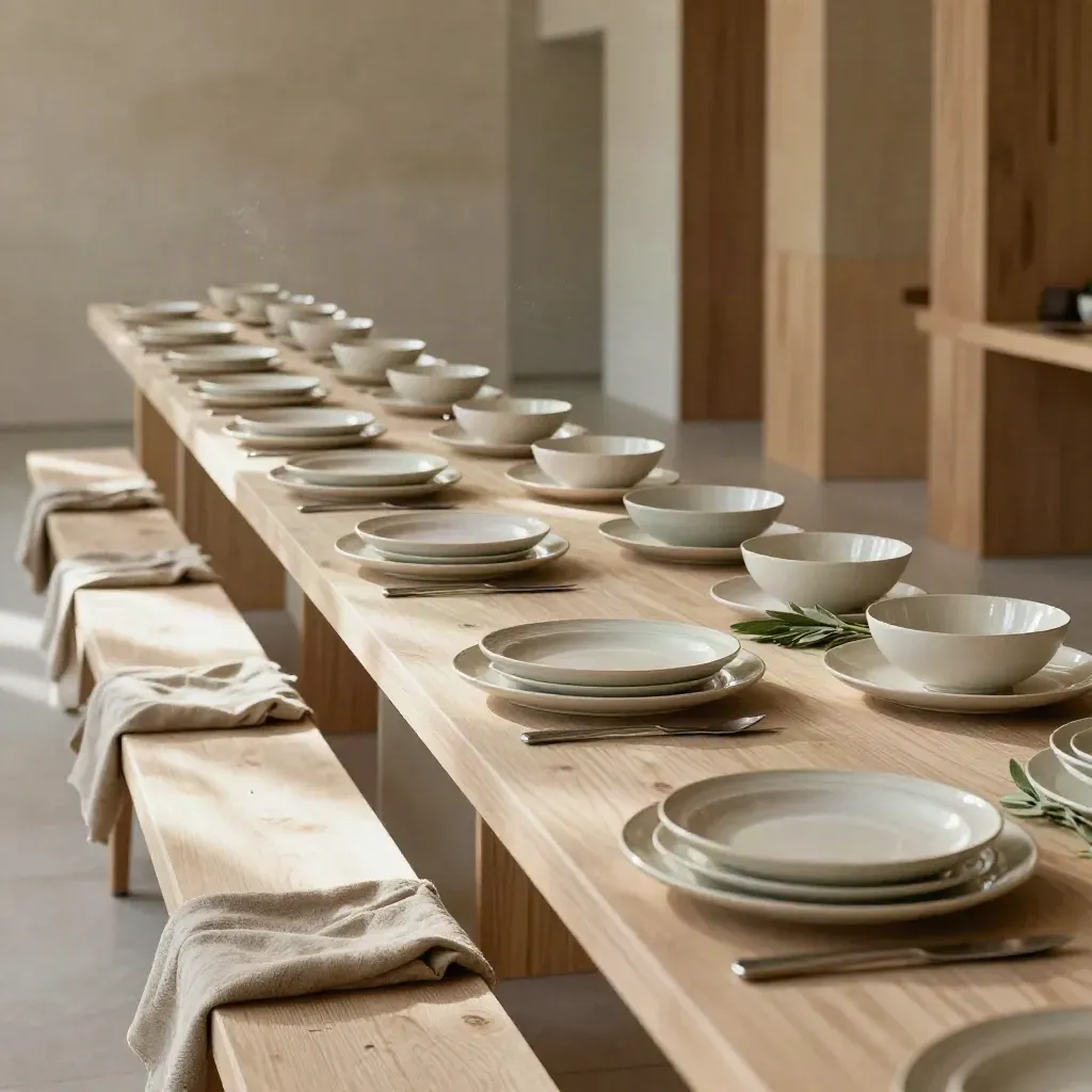 Mise en place lunga con alzate in legno chiaro, ceramiche crema e salvia in una sala elegante.