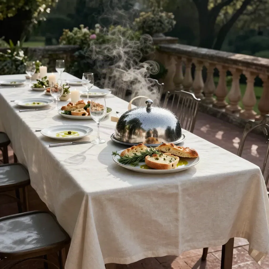 Tavolata nuziale in villa con cloche, focacce, erbe e vapore nella pioggia serale.
