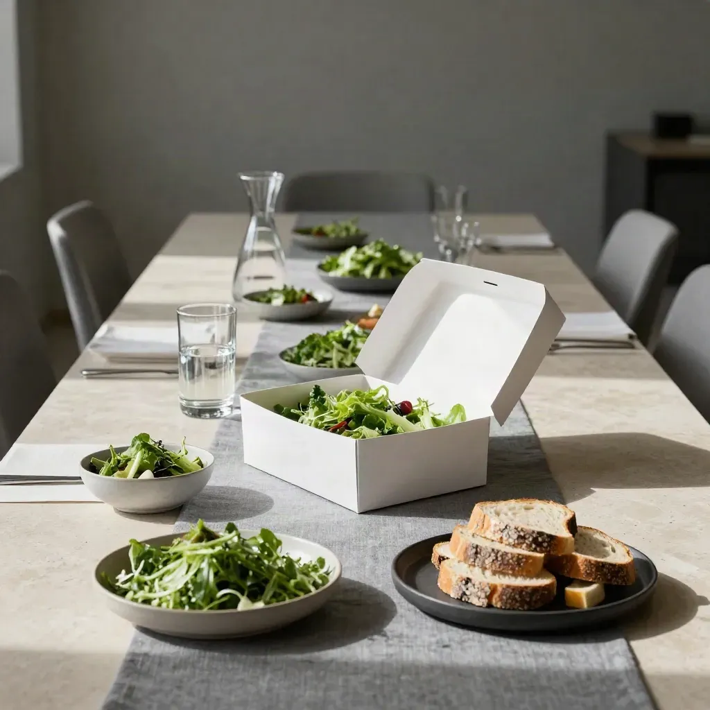 Tavolo catering per pranzo aziendale con insalate, pane e acqua in sala riunioni