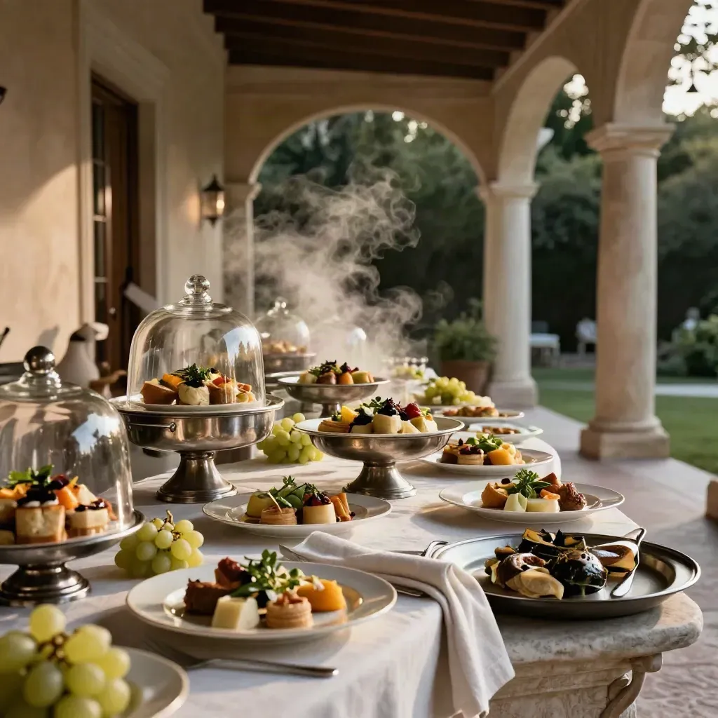 Buffet nuziale sotto il portico di una villa con vapore e grappoli d’uva