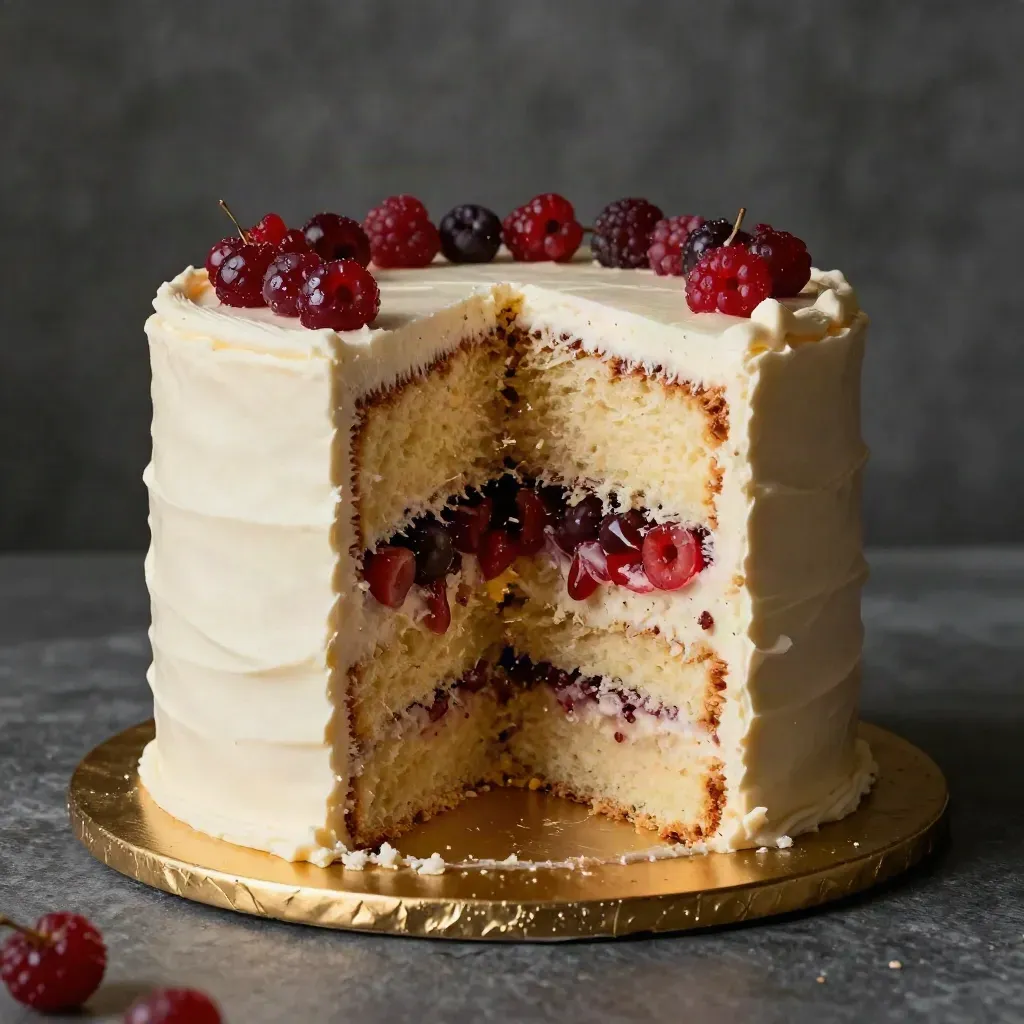 Torta nuziale a strati con fetta rimossa, briciole e frutti rossi su piatto da servizio.