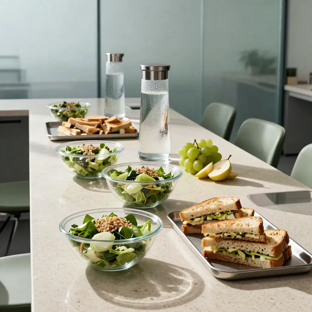 Buffet per pranzo in ufficio con insalate, panini, frutta e caraffe su bancone moderno.