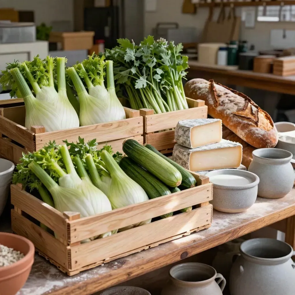 Banco di fornitore con cassette di verdure, pane rustico, formaggi coperti e ceramiche neutre.
