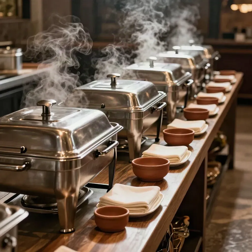 Buffet caldo in sala con vapore, chafing dish e tovaglioli arrotolati