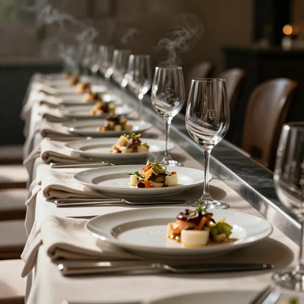 Linea di servizio per cena di gala con piatti, bicchieri e tovagliato chiaro in luce calda.