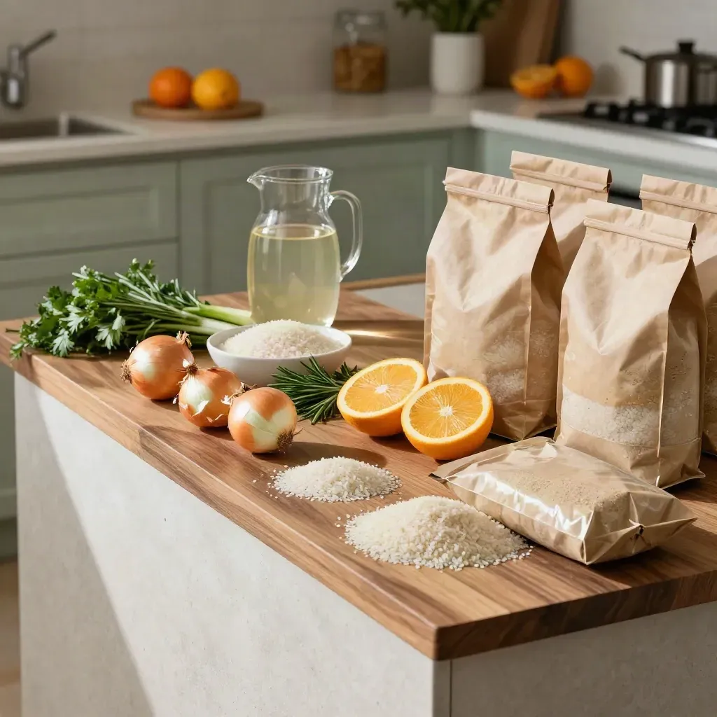 Ingredienti essenziali su un banco di cucina, ordinati per porzioni giuste nella luce del mattino.