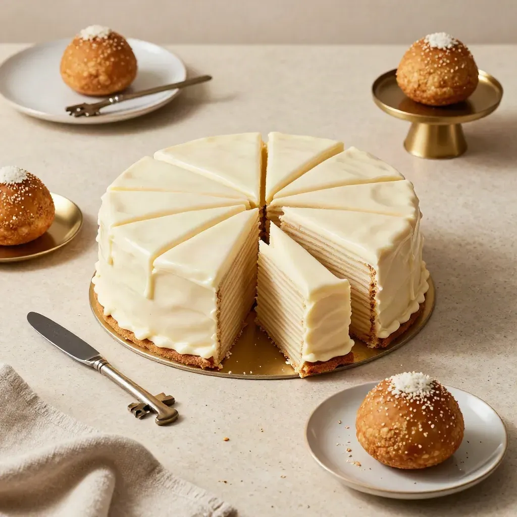 Torta da taglio in porzioni ordinate con dolcetti su alzate basse e coltello dorato.