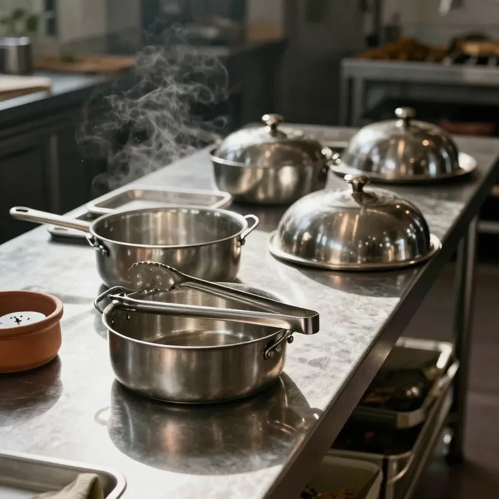 Casseruole e campane metalliche in una linea di servizio con vapore caldo e riflessi terracotta.