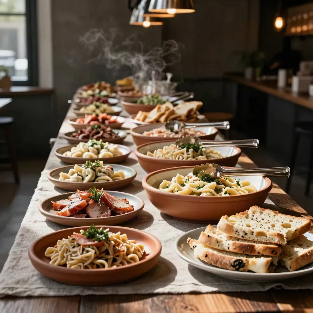 Buffet salato lineare con antipasti freddi, focacce e ciotole basse in luce calda.