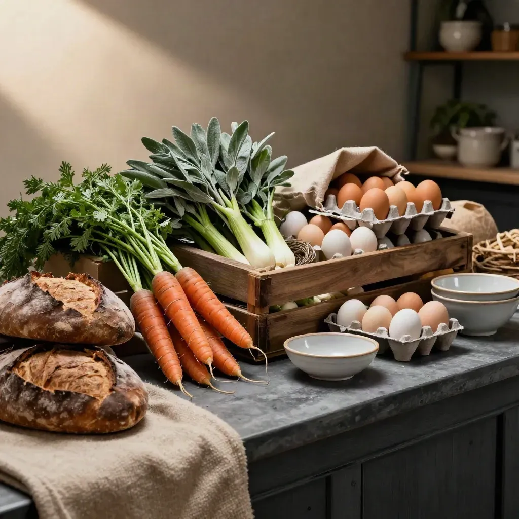 Cassette di pane, ortaggi, uova ed erbe su banco locale con sacchi di juta e ceramica grezza.