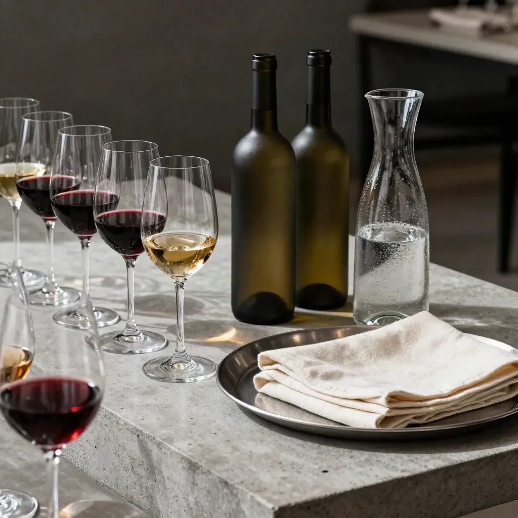 Calici di vino, bottiglie anonime e caraffa d'acqua su tavolo di servizio in luce calda.