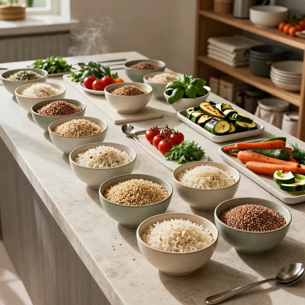 Tavolo catering con cereali alternativi, verdure arrosto ed erbe in ciotole separate