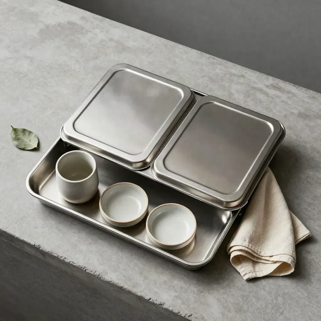 Vassoio catering in acciaio con tazza da caffè e foglia verde su cemento.