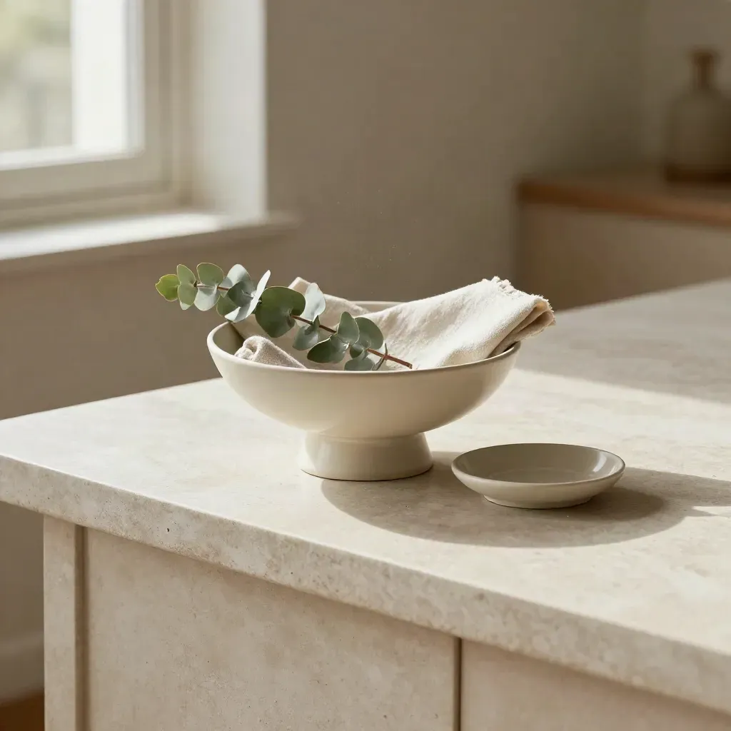 Alzata in ceramica con piatto fondo, tovagliolo piegato ed eucalipto su credenza chiara.