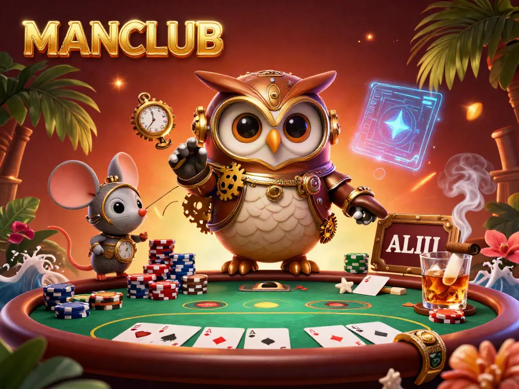 Join the thrilling world of MANCLUB poker with an intense 3D illustration featuring vibrant casino elements.