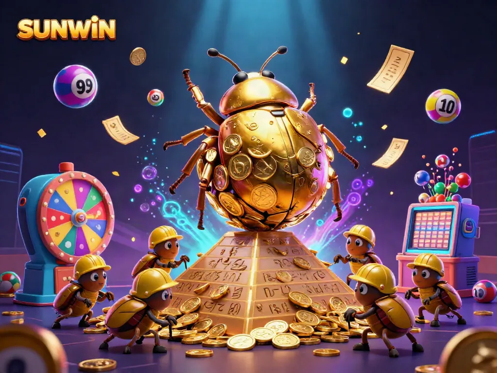 Experience the excitement of SUNWIN as a golden beetle rolls wealth in a vibrant casino scene.