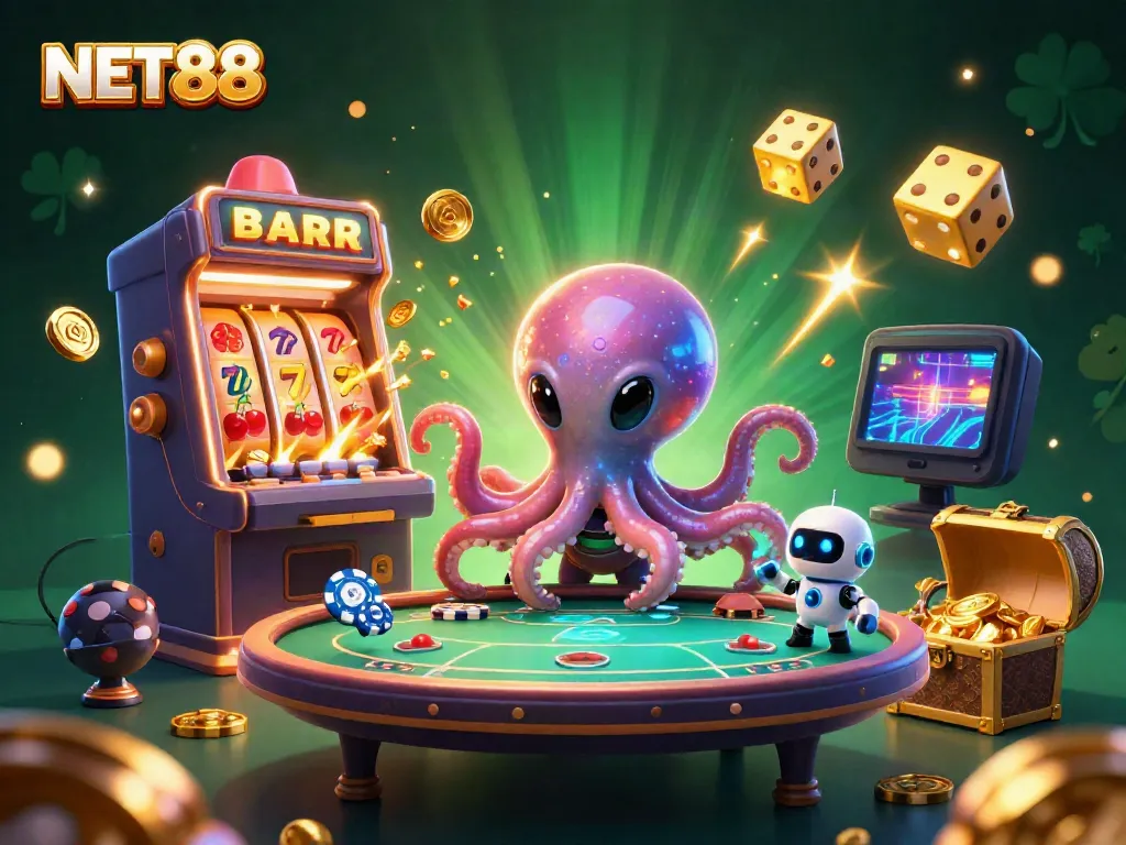 Engage in gaming excitement with NET88's futuristic casino scene featuring a holographic poker table and vibrant jackpots.