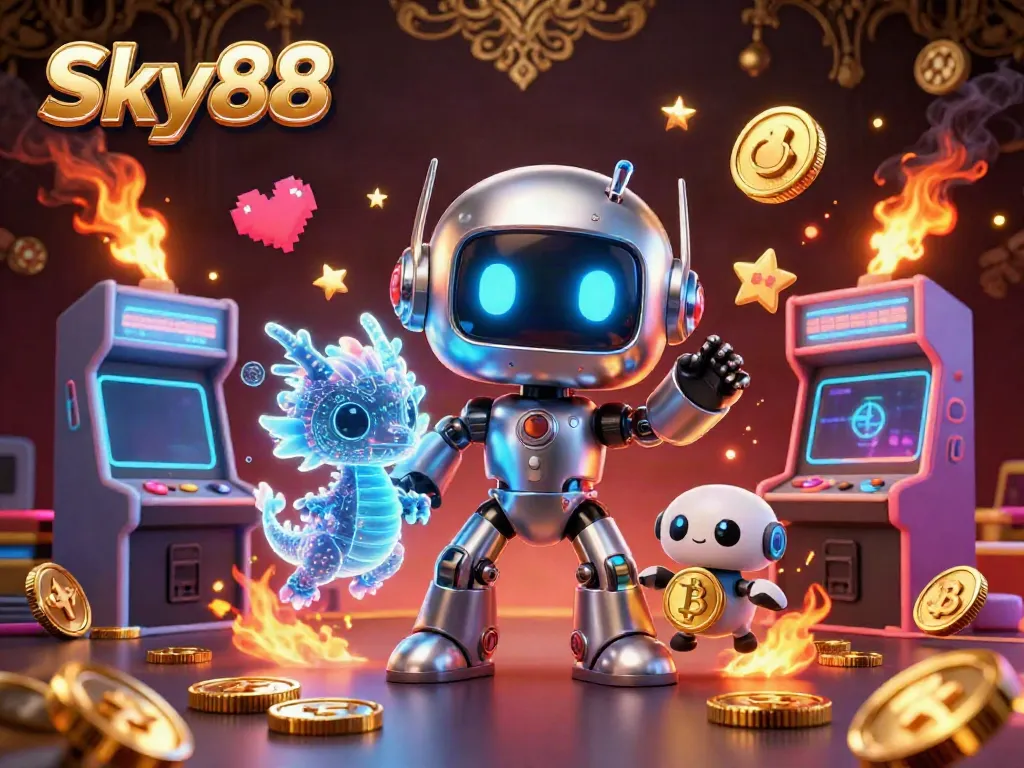 Sky88 showcases a thrilling casino atmosphere with vibrant 3D characters and dynamic gaming elements.