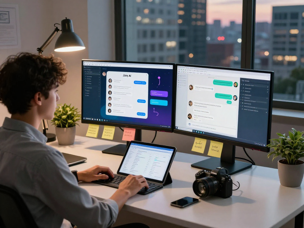 Juicy ai chatbot interface displayed on dual monitors in a modern workspace.