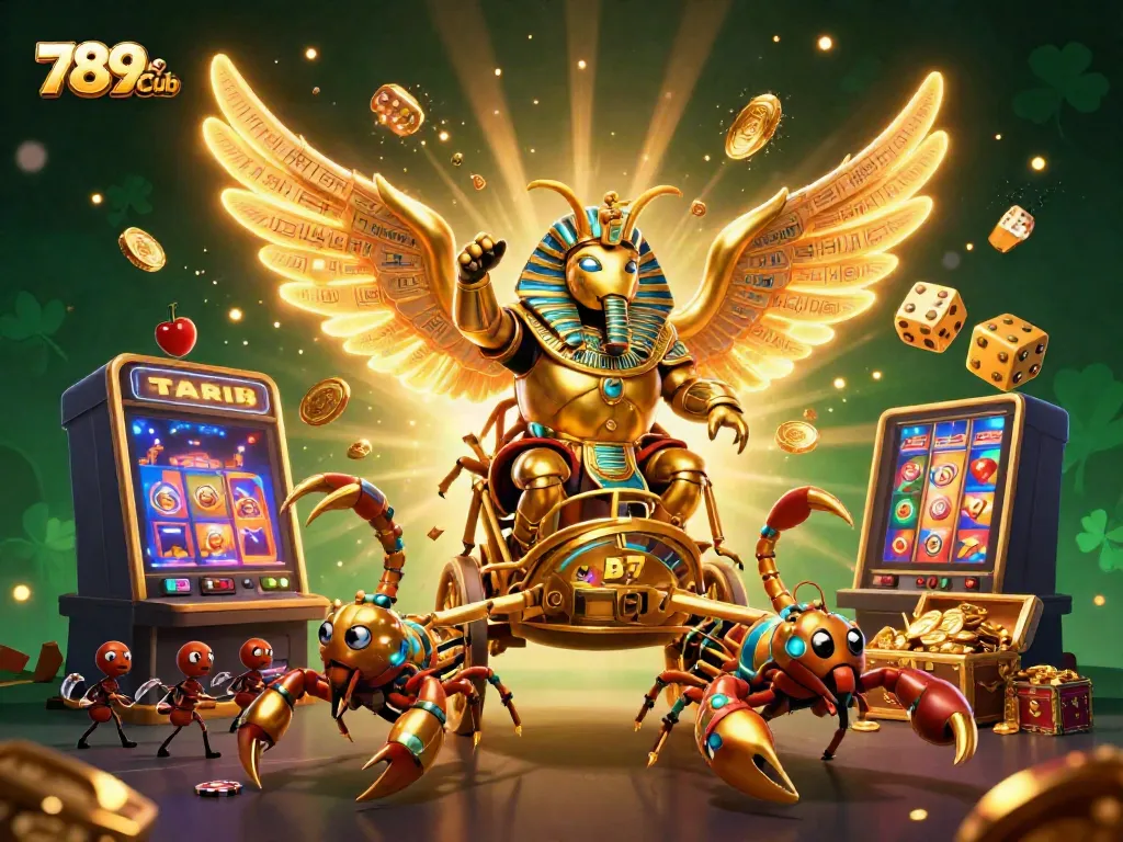 Play exciting games at 789Club with a vibrant scene featuring a magical golden scarab and casino elements