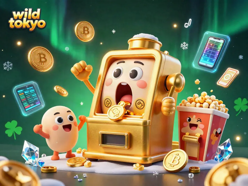 Spin the reels at wild tokyo with vibrant slot machines celebrating jackpot wins amid glowing crypto elements.