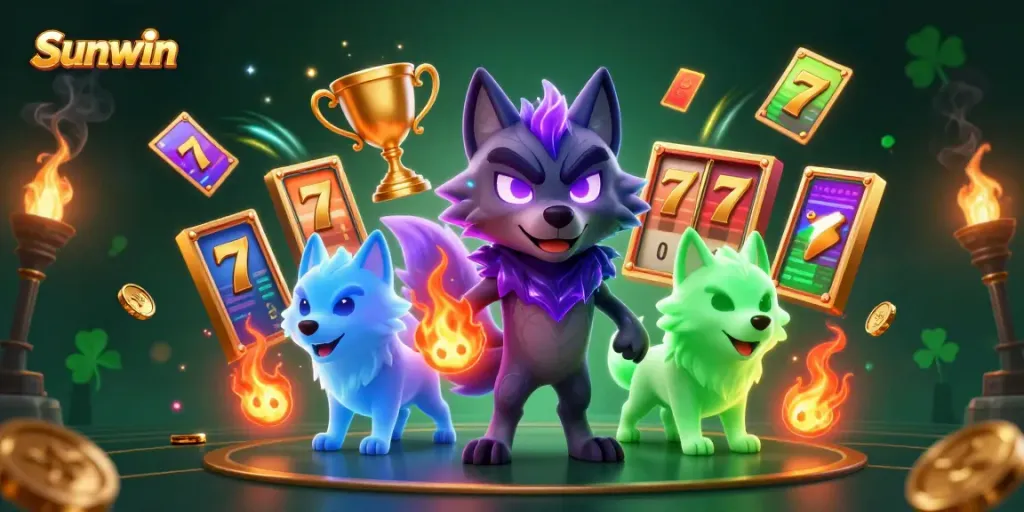 Engage in thrilling gaming adventures with Sunwin featuring dynamic 3D wolves, slots, and vibrant casino elements.