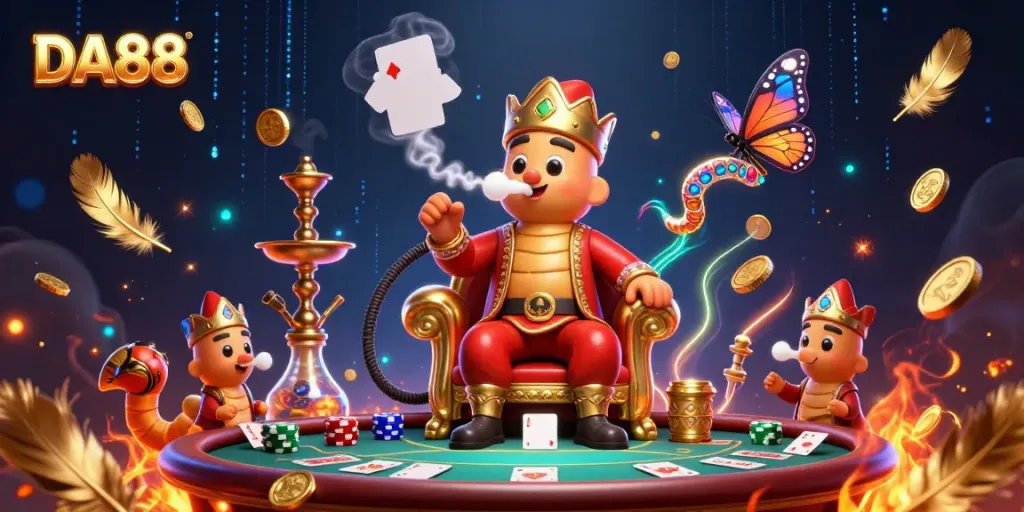 Engage with DA88's exciting poker experience illustrated with vivid characters and casino elements.