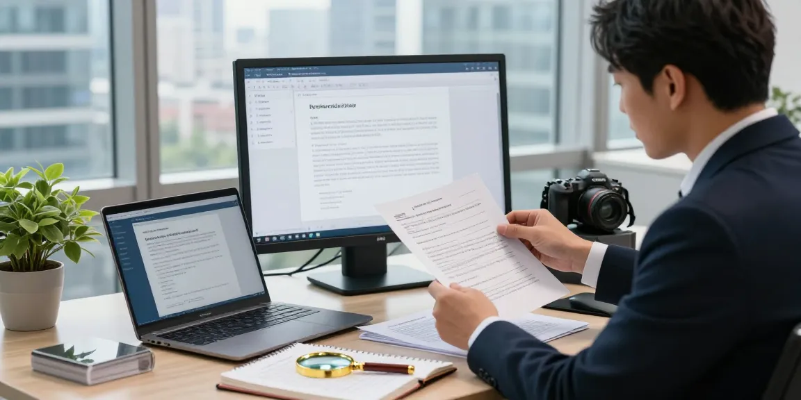 Analyst engaging in document fraud detection with digital tools and printed papers in a modern office setting.
