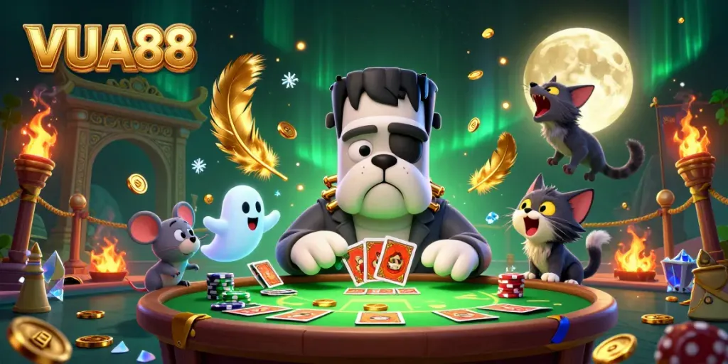 Experience thrilling gameplay at VUA88 with the ghostly dealer and playful characters.