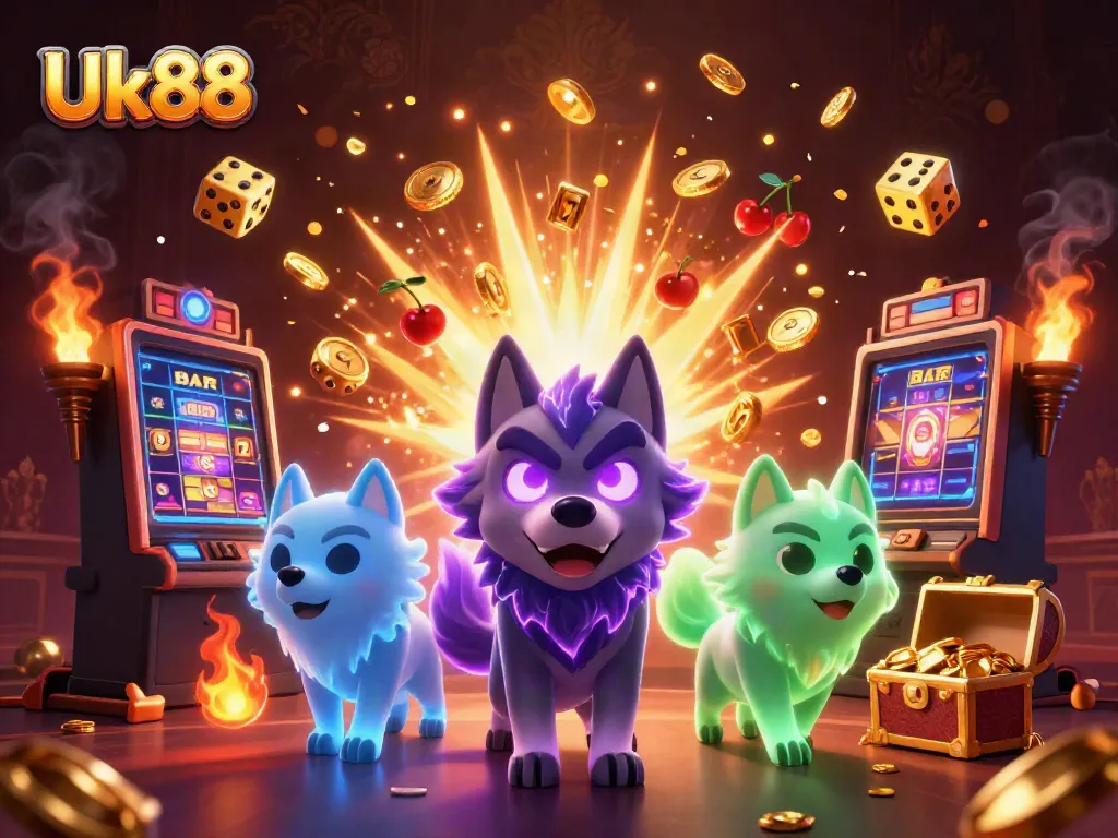 Engage in thrilling gameplay at Uk88 with a shadow wolf pack leader amongst vibrant casino elements.