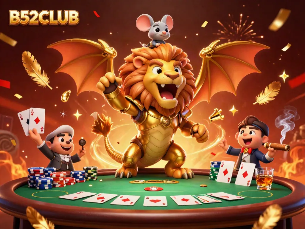 Engage with B52CLUB's dynamic casino scene featuring a golden armored chimera and poker elements.